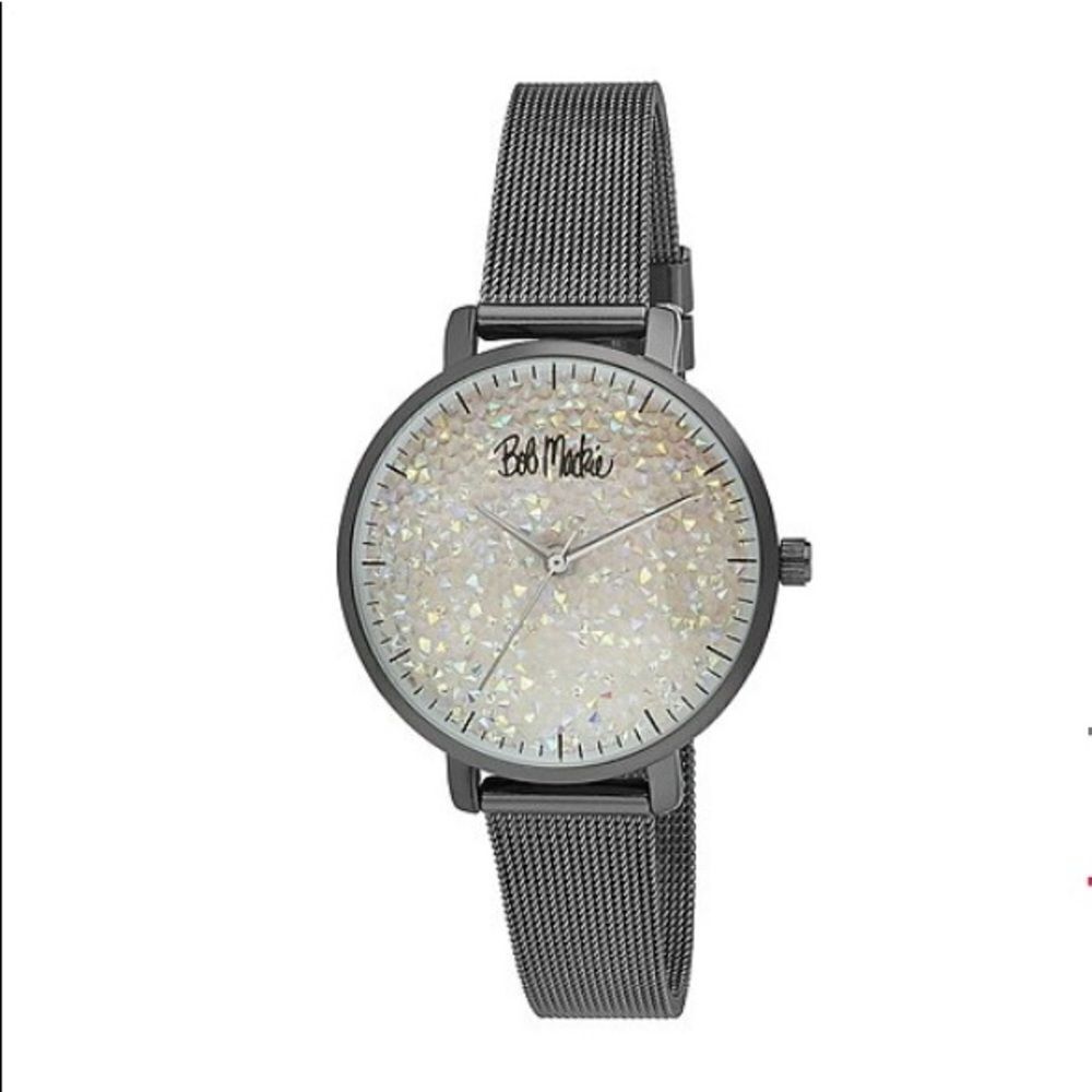 Bob Mackie Women's Black Alloy Bracelet Glitter Dial Mesh Watch 32mm. New in box